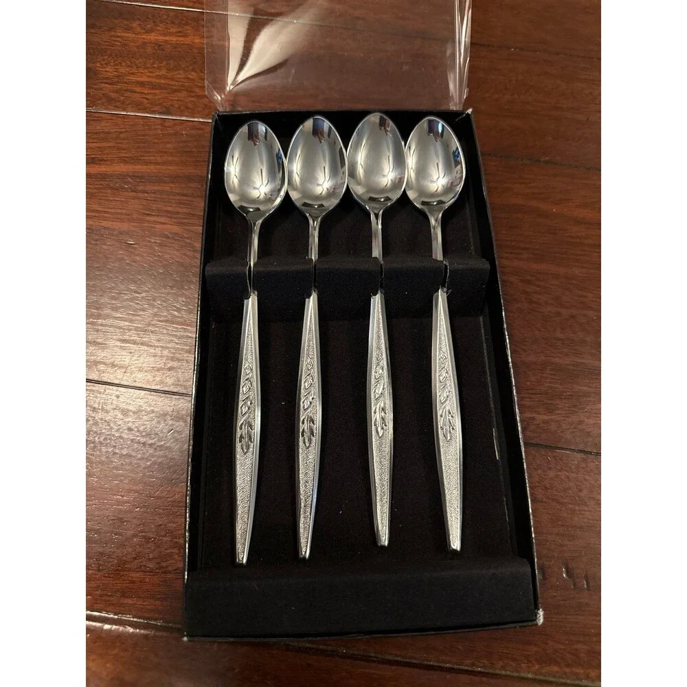 Regent Cutlery 4 Espresso Demitasse Spoons RNT6 Leaves Pattern With Box Japan
